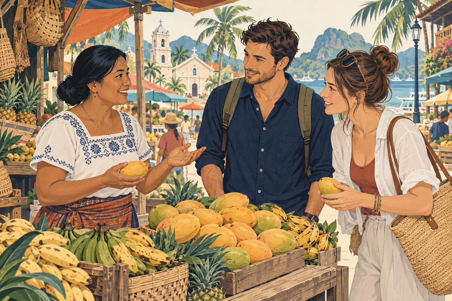 Illustration: Reisende unterhalten sich mit einer Obstverkäuferin auf einem philippinischen Markt